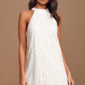 Lulu's All My Adoration White Lace Halter Shift Dress M
